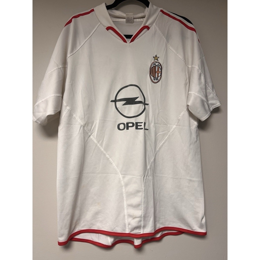 AC Milan Soccer Jersey Mens L White Fair Opel Sponsor Vintage #11 Distressed